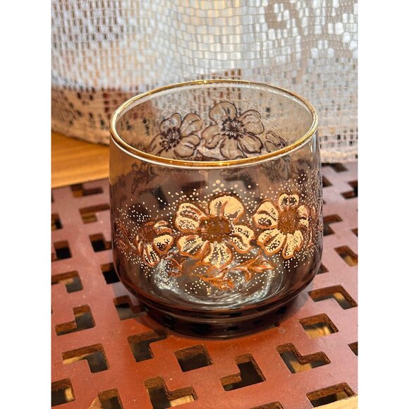 6 Vintage Retro Mid Century Modern Smoke Glass Gold Floral Drinking Glasses Domi - Picture 2 of 3